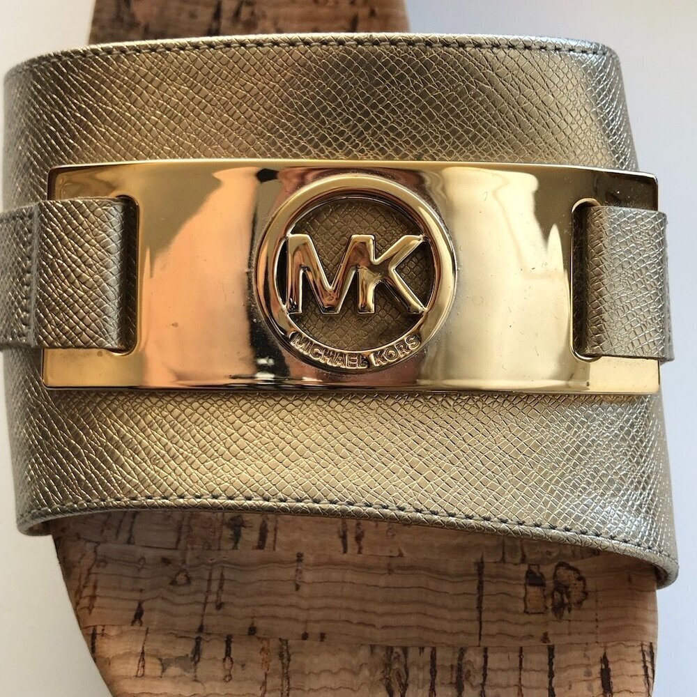Michael Kors MK Warren Leather Platform Cork Slide Sandals Gold Logo Plate 10M - Picture 10 of 16